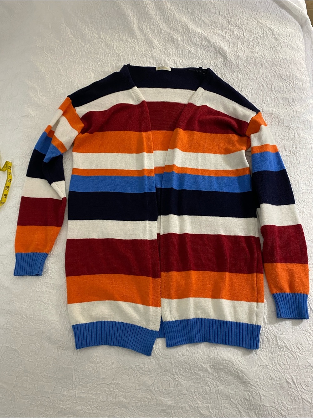 Striped Open-Front Cardigan in Navy, Red, Orange, Blue & White
